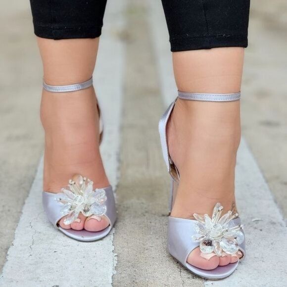 Women's Silver Satin Ankle Strap High Heels - Picture 1 of 4